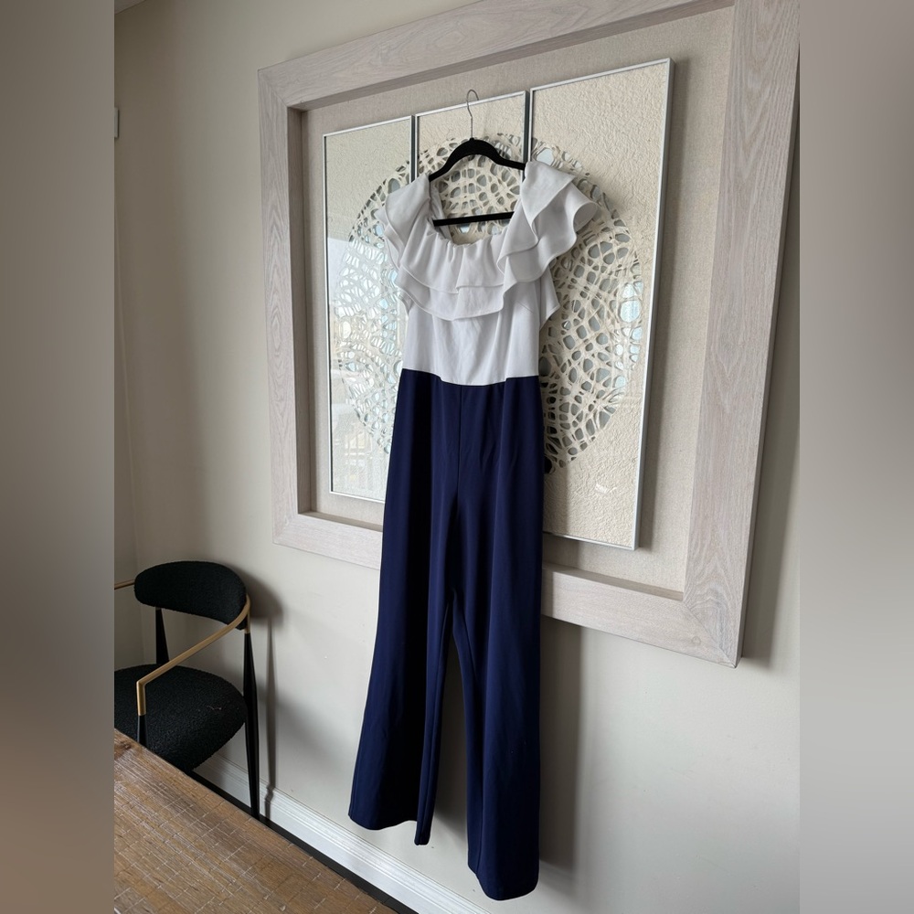 MARINA White Ruffle-Top Navy Wide-Leg Jumpsuit